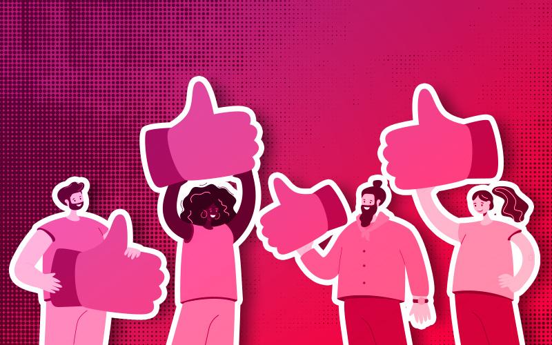 Arte com fundo vermelho mostra figuras humanas segurando sinal de positivo, com punho fehcado e polegar para cima