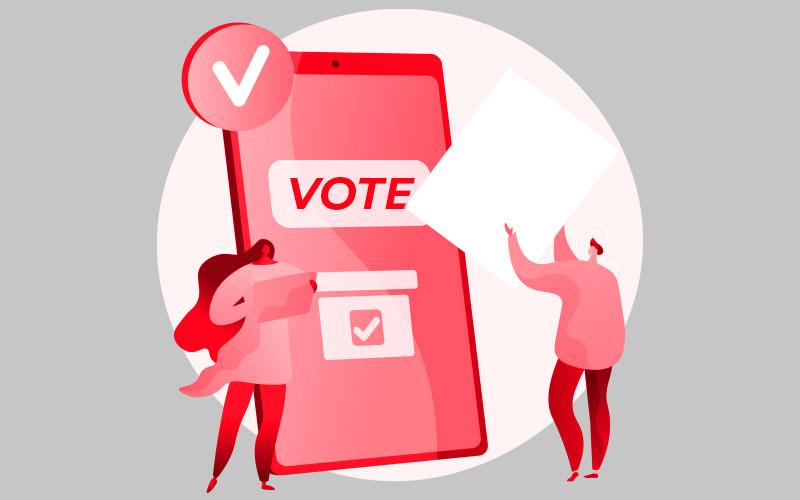 Arte em desenho mostra um tablet em tamanho grande com a palavra "vote" na sua tela, entre duas figuras humanas, uma feminina e outra masculina, em tamanho pequeno