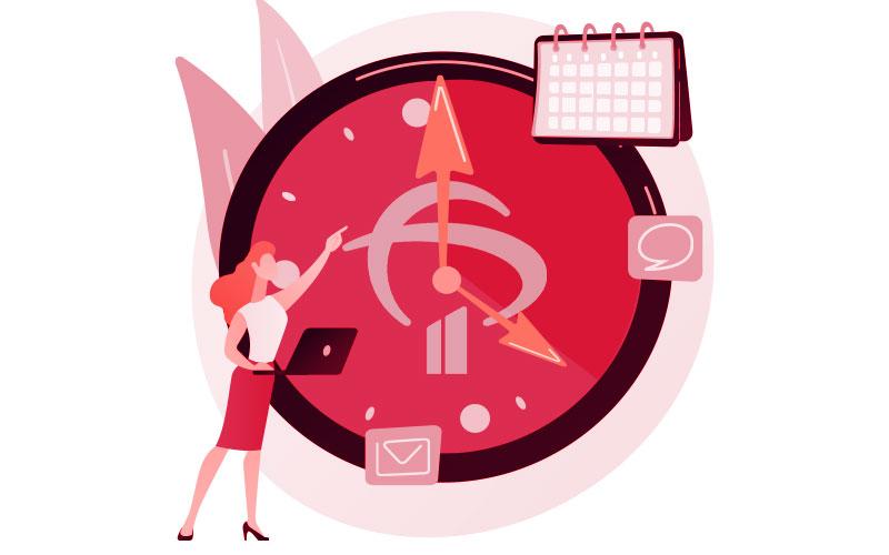 Arte em desenho mostra um relógio com logo do Bradesco no meio, marcando 16h. No seu canto inferior esquerdo, a figura de uma mulher segurando um notebook. No seu canto superior esquerdo, um calendário