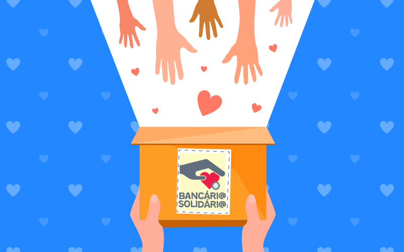 Arte do Bancário Solidário, com fundod azul, uma caixa representando cesta básica de onde sai um faix de luz que ilumina mãos e corações