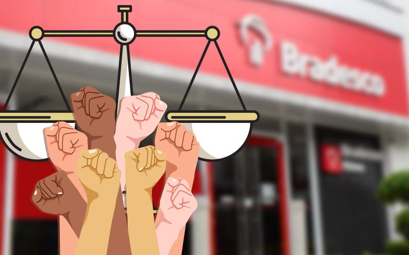 Arte composta pela foto de facha de uma agência do Bradesc desfocada ao fundo, uma balança de Justiça, e punhos cerrados indicando luta e organização dos trabalhadores