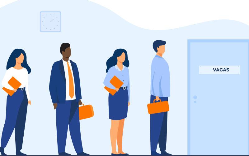 arte em desenho mostra uma fila de pessoas em busca de emprego