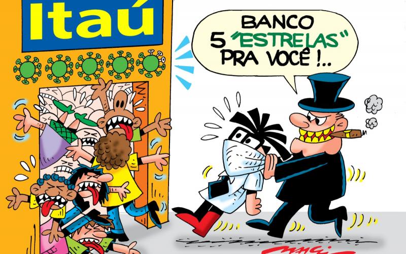 Charge mostra banqueiro forçando bancário do grupo de risco a voltar ao trabalho presencial em uma agência lotada