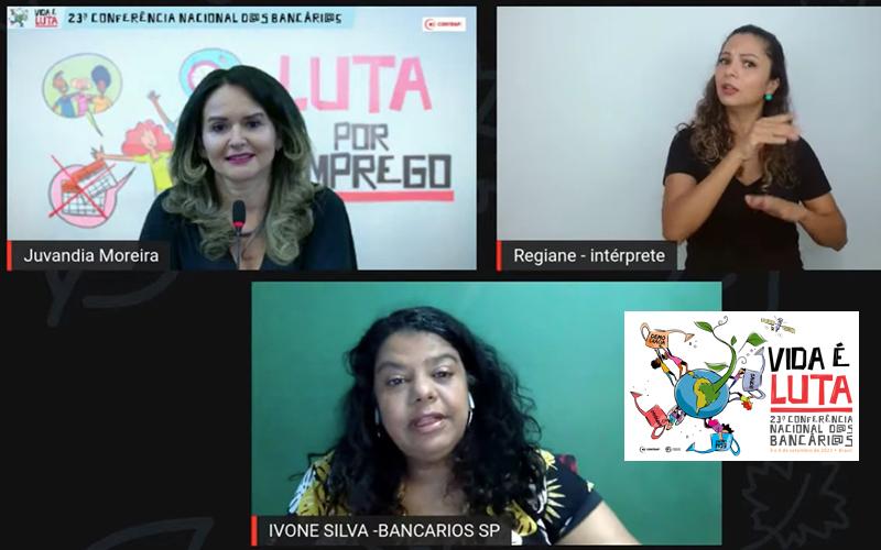 Juvandia Moreira (acima à esquerda) e Ivone Silva (abaixo) na abertura da 23ª Conferência Nacional dos Bancários Captura de tela da abertura da Conferência dos Bancários, realizada de forma virtual