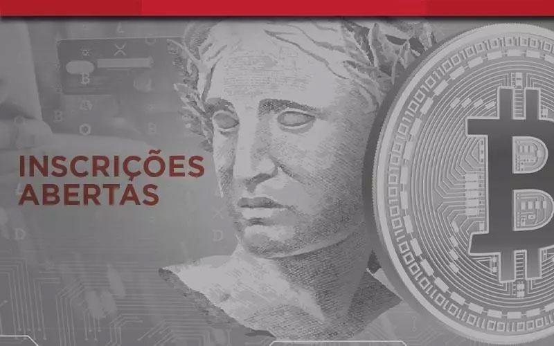 Divulgação Imagem de uma cédula de real, com um bitcoin em primeiro plano, acompanhados da frase "inscrições abertas"