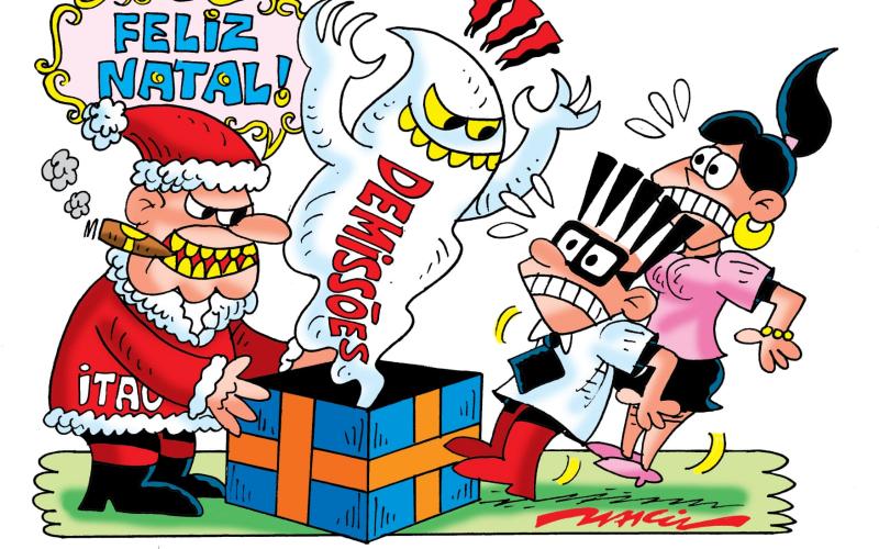 Charge mostra um banqueiro vestido de Papai Noel e com a palavra "Itaú! escrito nele, dando um presente de Natal para dois bancários. Dentro do presente sai um fantasma com palavra "demissões" escrita nele. Os bancários estão com cabelos em pé e semblante de assustados