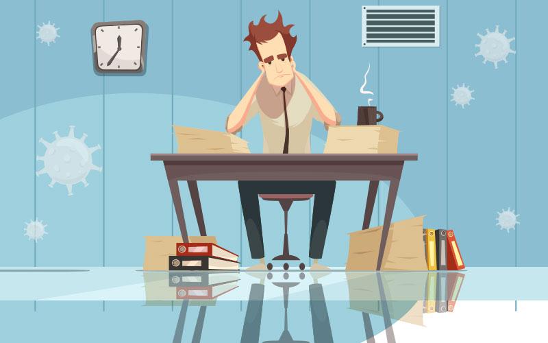 Arte: Freepik Arte mostra homem em uma mesa com pilhas de papéis
