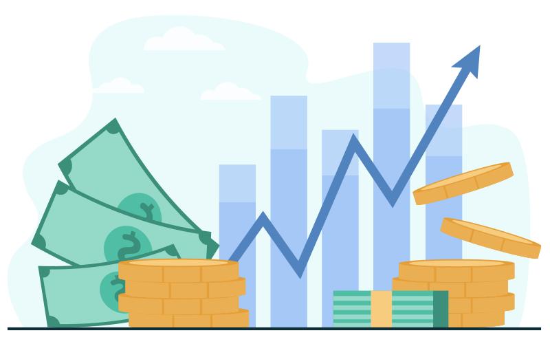 Desenho com notas de dinheiro, moedas e gráficos representando crescimento, para simbolizar resultado positivo da Funcef