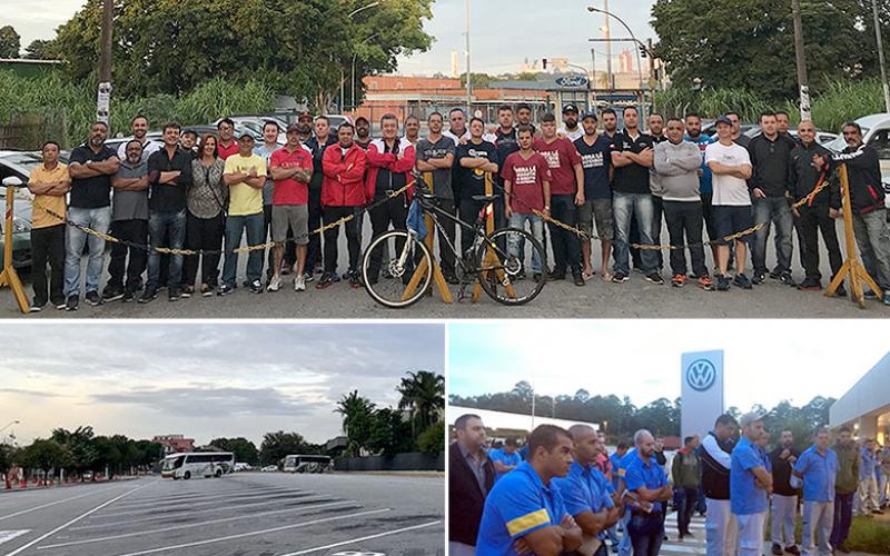 Entradas da Ford (acima) e da Mercedes (esq), em São Bernardo, e da Volks (dir), em São Carlos Fotos: Roberto Parizotti/CUT e CUT-SP