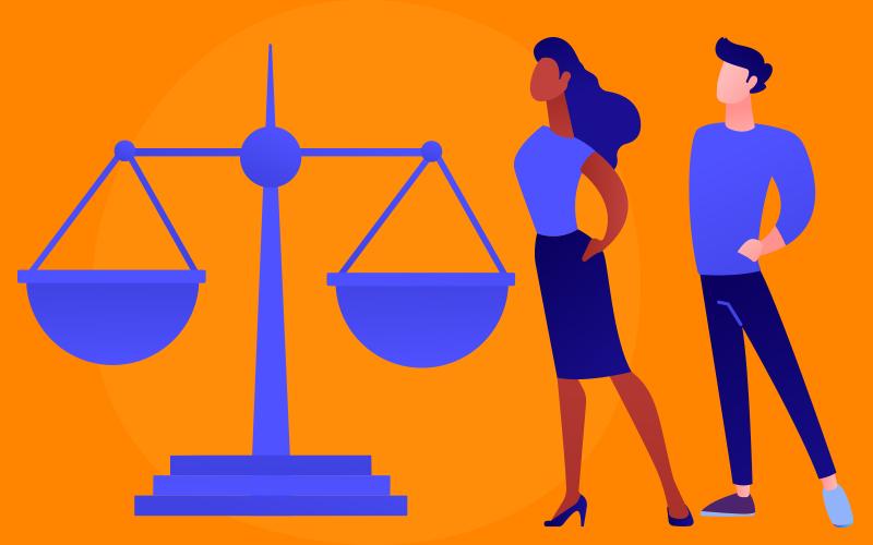 Balança da Justiça e dois bancários representando decisão que reintegrou demitidos pelo Itaú na greve de 2016