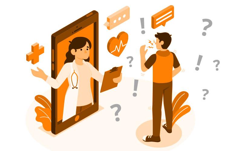 Arte em desenho mostra a figura de um homem se consultando via telemedicina por meio de um aparelho com tela em tamanho do mesmo tamanho do homem. Ao redor deles, pontos de interrogação e exclamação