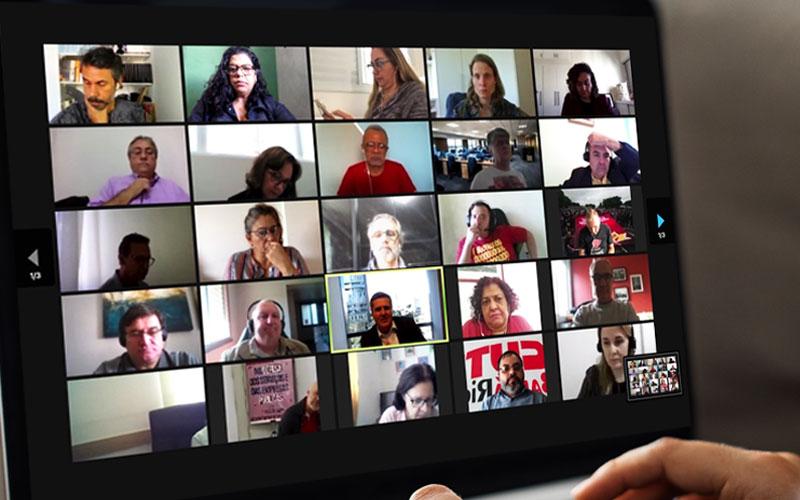 Montagem: Linton Publio/Seeb-SP Foto da tela de computador, mostrando os participantes da reunião virtual com a Fenaban