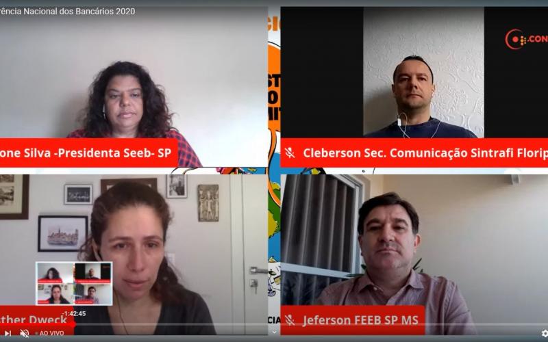 Foto: Seeb-SP A presidenta do Sindicato, Ivone Silva (quadro acima à esquerda) foi a mediadora da primeira mesa da 22ª Conferência