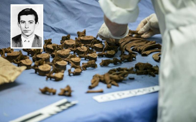 Ossadas passaram por análise do Grupo de Trabalho Perus antes de serem enviadas a laboratório em Saravejo. No detalhe, Dimas Antônio Casemiro, agora identificado, que foi morto pelo regime e enterrado como indigente, em 1971 Foto: Danilo Ramos/RBA - CEMDP/Reprodução