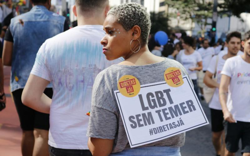 Participante leva o cartaz de 'Fora, Temer' à Parada LGBT Foto: Rute Pina / Brasil de Fato