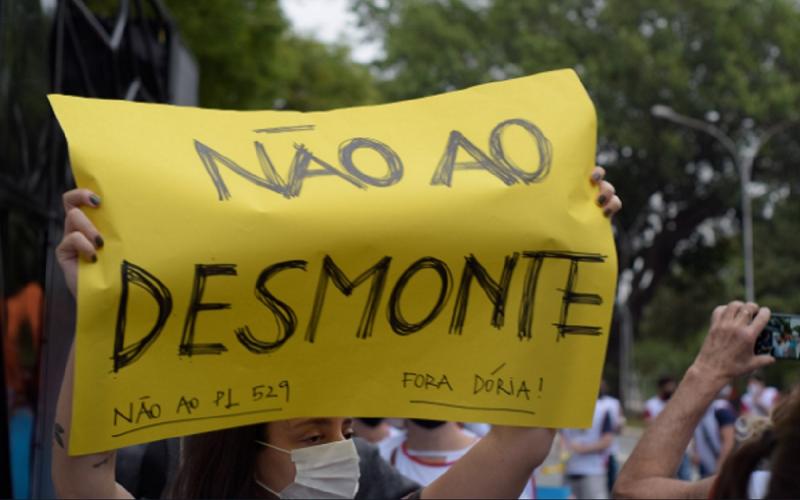 Manifestante em ato contra o PL 529, nesta terça 29, em frente à Alesp. Situação tenta votar o projeto novamente nesta quarta 30 Foto: Chokito Elineudo Meira