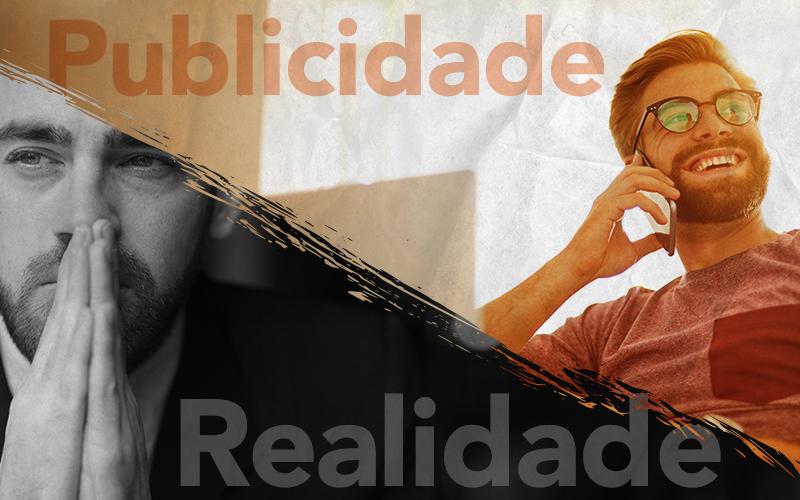 imagem dividida ao meio representando uma situação positiva e leve retratada nas publicidades do Itaú, e na outra metade, a realidade massacrante que resulta em assédio moral, sobrecarga de trabalho, adoecimentos e demissões