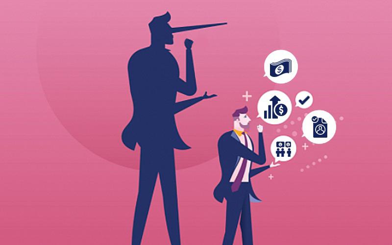Desenho sob um fundo rosa de um homem vestido de terno, simbolizando o empregador. Em volta dele, balões com desenhos simbolizando promessas como aumento salarial, progressão na carreira, contrato de trabalho. Do lado esquerdo, sua sombra com nariz comprido, simbolizando que ele está mentindo quanto às promessas