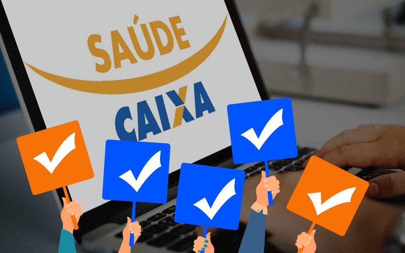 Montagem: Fabiana Tamashiro Imagem do logotipo do Saúde Caixa, com mãos indicando a aprovação da proposta de sustentabilidade