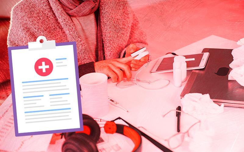 Arte com filtro vermelho mostra uma pessoa sendo atendida em um consultório pelo médico