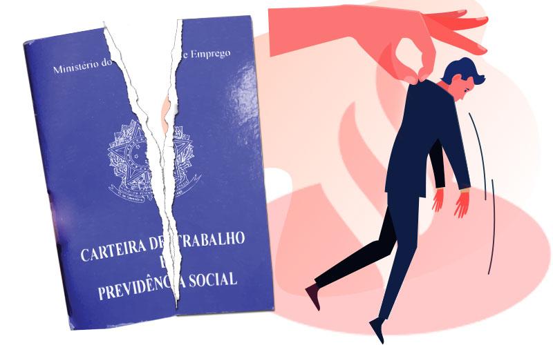 Carteira de trabalho rasgada e uma mão segurando um trabalhador demitido pela parte de trás do colarinho, representando um trabalahdor sendo demitido. ao fundo, o logo do santander