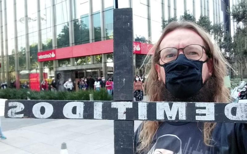 Na Torre Santander, bancários protestaram contra demissões durante a pandemia Reprodução/SPBancários