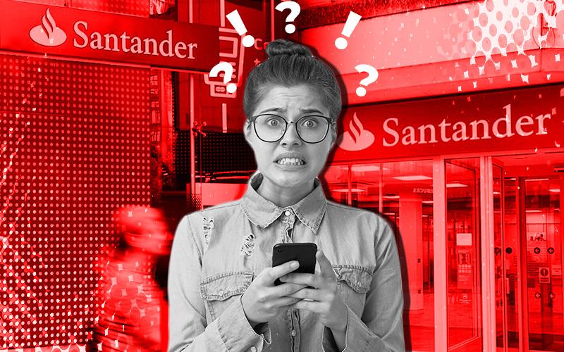 Arte composta por fundo onde se vê duas fachadas de agências. No primeiro plano e ao centro, uma jovem representando uma bancária, com cara de preocupada, segurando o celular, e com pontos de interrogação e de exclamação em volta da cabeça