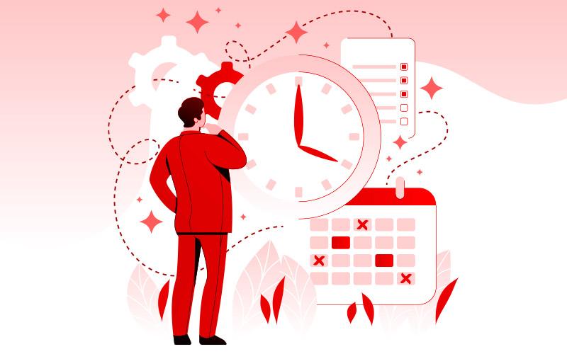 Arte em desenho mostra homem representando trabalhador bancário em frente a um relógio de ponteiro em tamanho grande e a um calendário