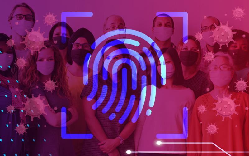 Arte na cor vermelha e roxa mostra uma digital e, ao fundo, um grupo de pessoas usando máscaras