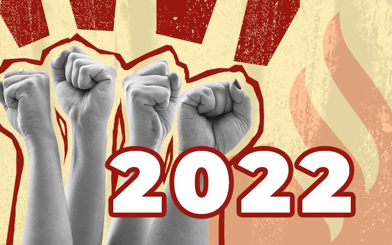 Arte composta por punhos cerrados simbolizando trabalhadores em luta, ao lado de 2022