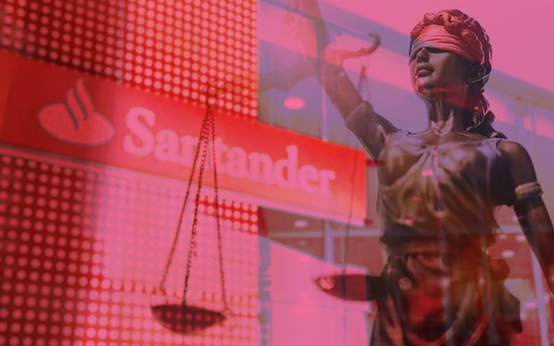 Arte mostra fachada da agência do Santander sobreposta a uma balança e a figura feminina que simboliza a Justiça