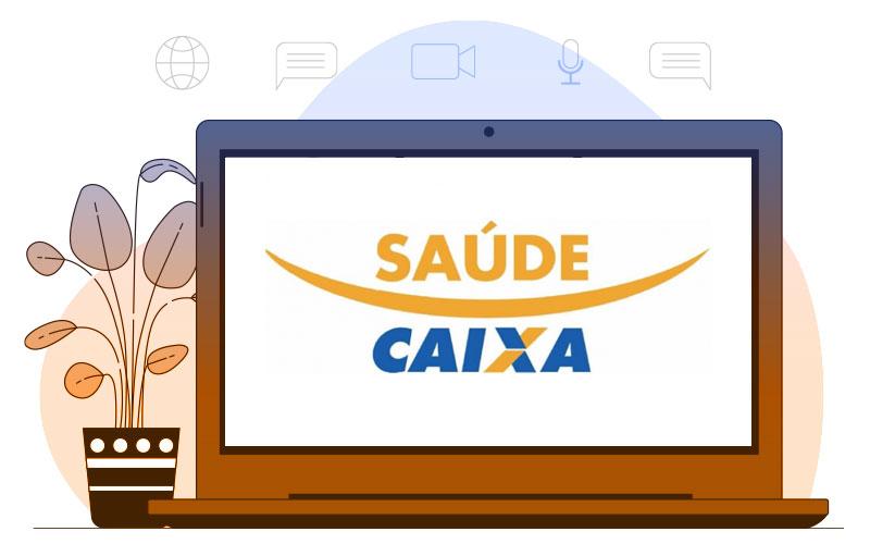 Imagem: Freepik Ilustração do logo do Saúde Caixa dentro de um notebook