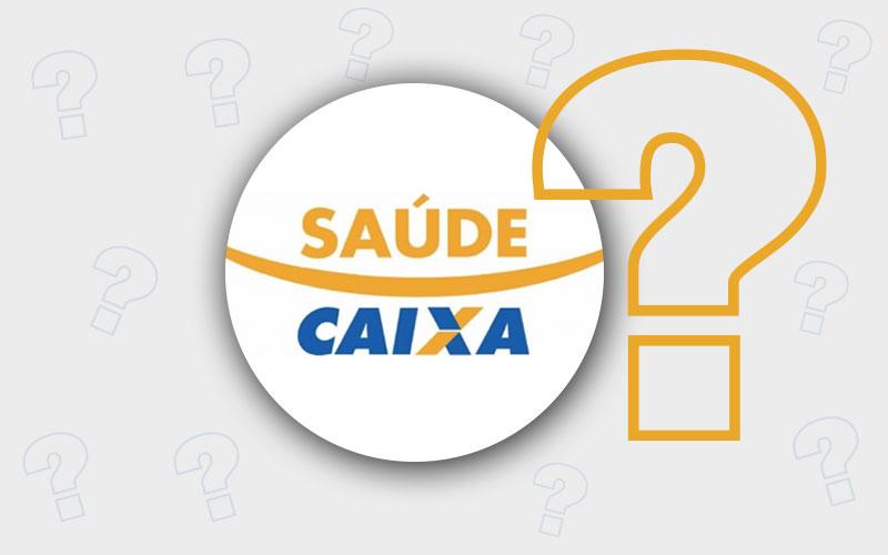 logo do saúde Caixa dentro de um círculo branco, e ao lado de um ponto de interrogação