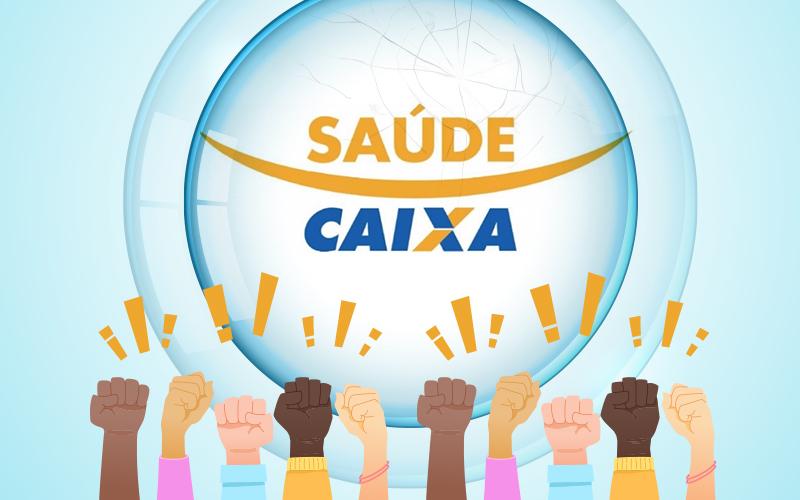 Arte com logo do Saúde Caixa e com punhos, indicando luta