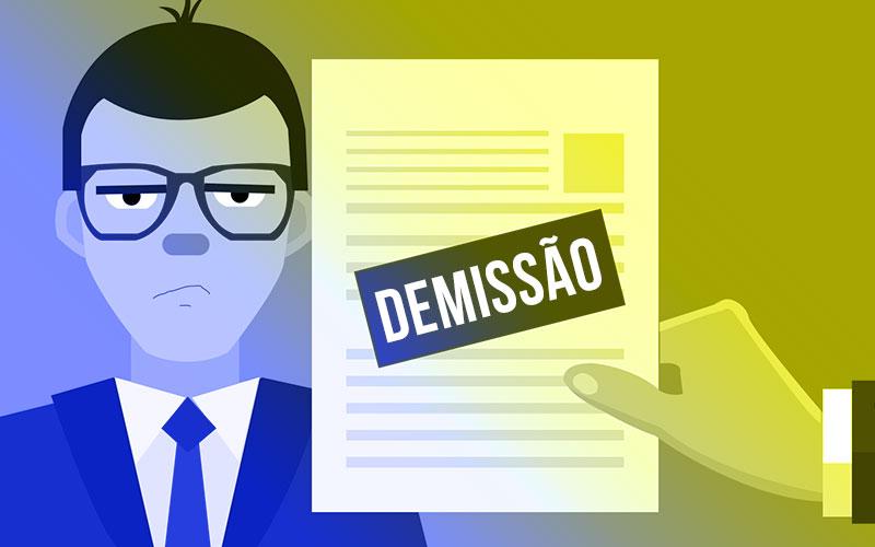 Desenho de homem com rosto de insatisfação diante de um termo de rescisão de contrato de trabalho