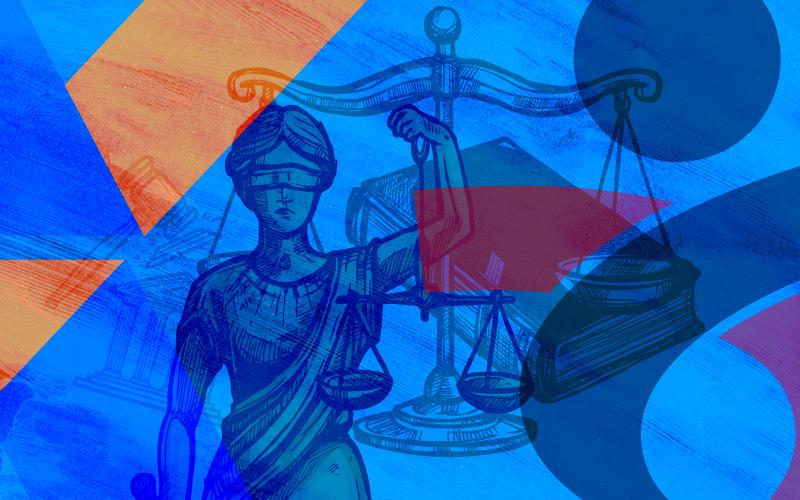 Montagem, Linton Publio Arte com o X do logo da Caixa à esquerda, o logo do Sindicato à direita e, ao centro, a mulher que simboliza a Justiça
