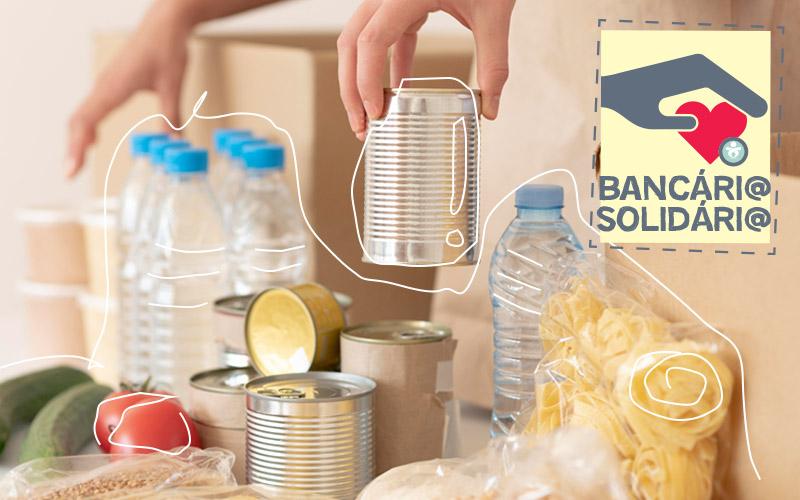 Imagem: Freepik Imagem de uma cesta de alimentos acompanhada do logo da campanha Bancário Solidário