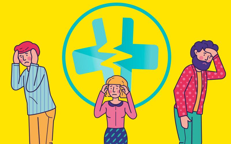 Imagem: Freepik Ilustração de pessoas desolada, com a cruz médica rachada ao fundo