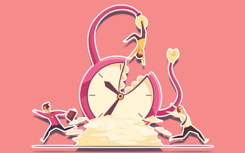 Imagem: Freepik Ilustração de um relógio pressionando e devorando trabalhadores