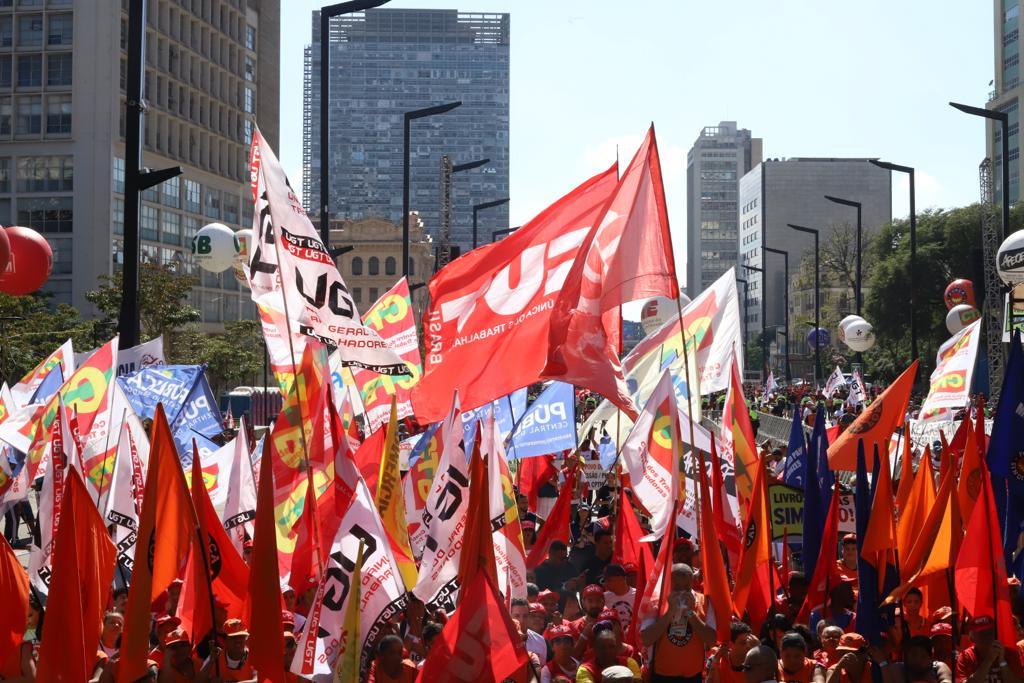 1º de maio 2023 Unificado das Centrais Sindicais, no Vale do Anhangabaú, em São Paulo. Foto: Roberto Parizotti.
