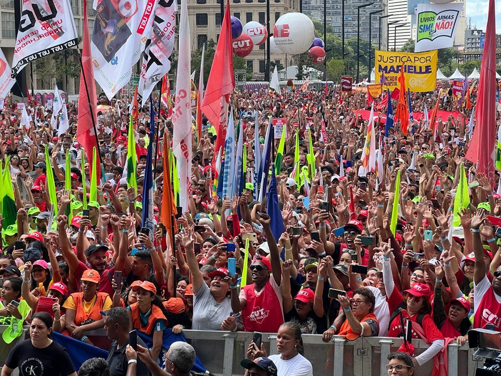 1º de maio 2023 Unificado das Centrais Sindicais, no Vale do Anhangabaú, em São Paulo. Foto: Roberto Parizotti.
