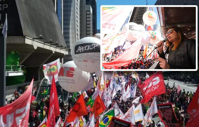 Ato do Dia do Basta na Av. Paulista, em 10 de agosto de 2018. Organizada pelas centrais sindicais, mobilização foi contra o desemprego e a retirada de direitos. No detalhe, a secretária-geral do Sindicato, Neiva Ribeiro
