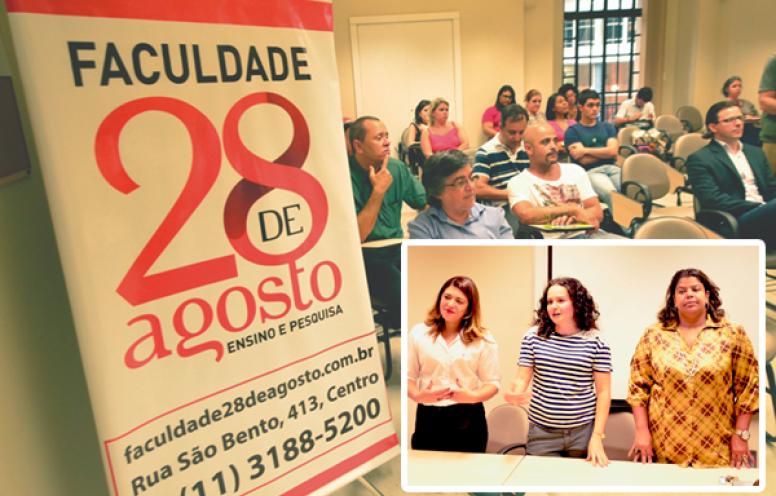 Aula inaugural da Faculdade 28 de Agosto. No detalhe, as dirigentes Neiva Ribeiro, Juvandia Moreira e Ivone Silva