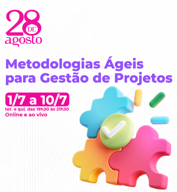 Imagem em desenho composta de três peças encaixadas de quebra-cabeça, sob um sinal de "check". Ao lado, o texto "Metodologias ágeis para gestão de projetos. Ao vivo e online". Acima, o logo do centro de formação 28 de agosto