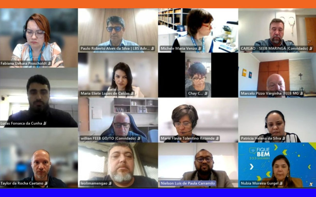 Representantes dos empregados da Caixa Econômica Federal durante Grupo de Trabalho para tratar de questões específicas dos caixas, tesoureiros e avaliadores de penhor Imagem mostra reprodução da tela de computador com imagem estática onde se vê os rostos dos representantes dos empregados da Caixa Econômica Federal durante Grupo de Trabalho para tratar de questões específicas dos caixas, tesoureiros e avaliadores de penhor
