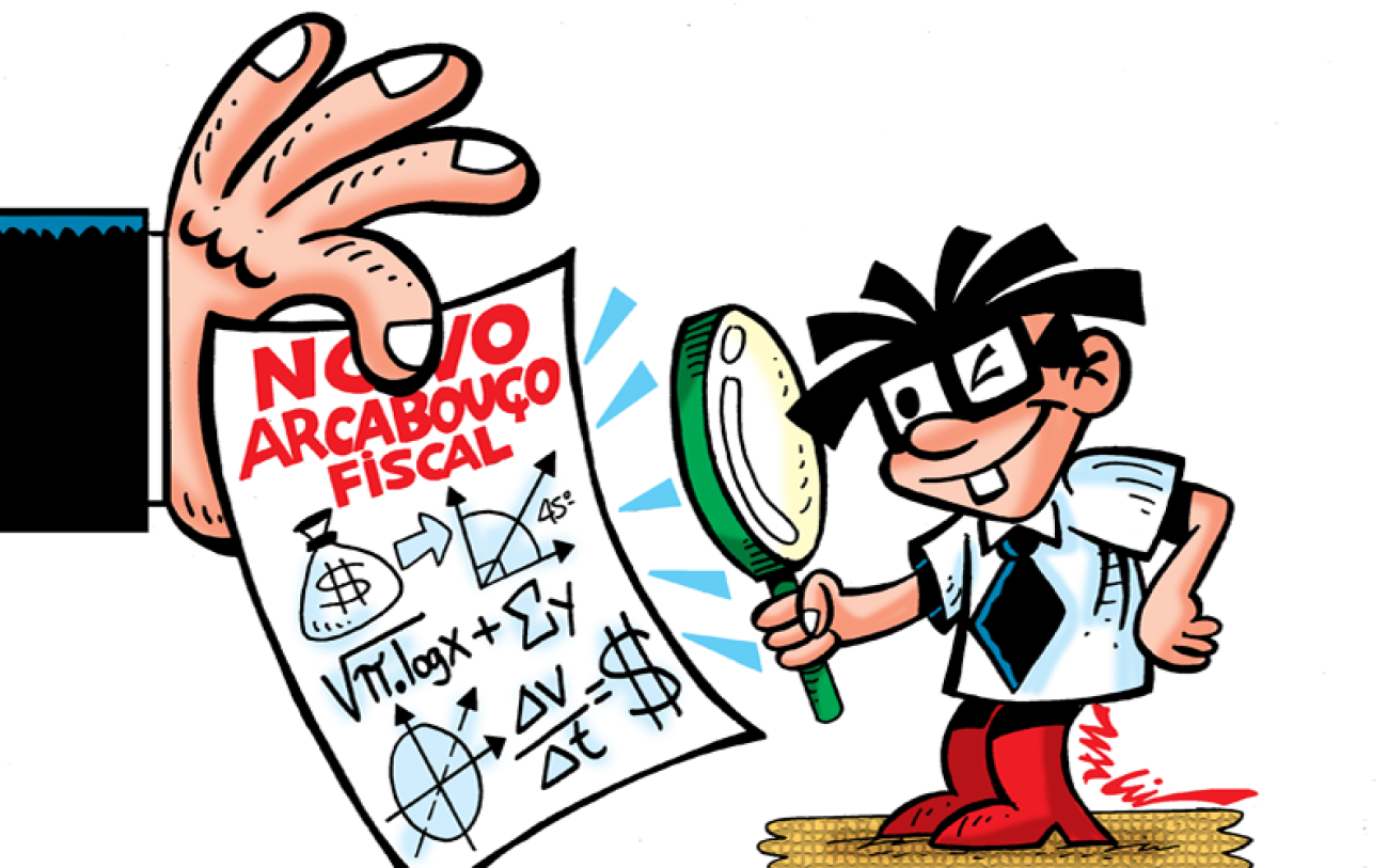 Charge do Eurico examinando o novo arcabouço fiscal com uma lupa