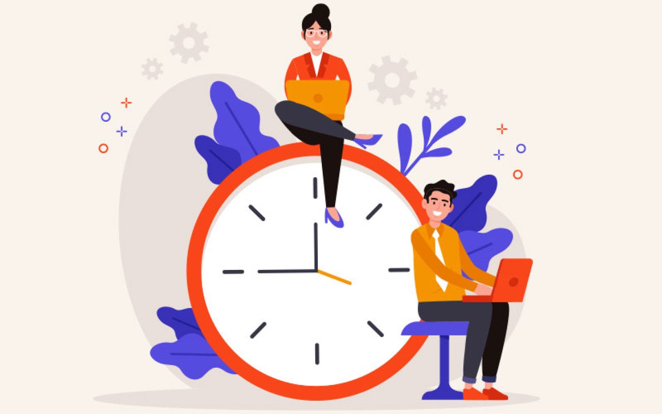 Imagem: Freepik Imagem de um grande relógio, com trabalhadores ao redor