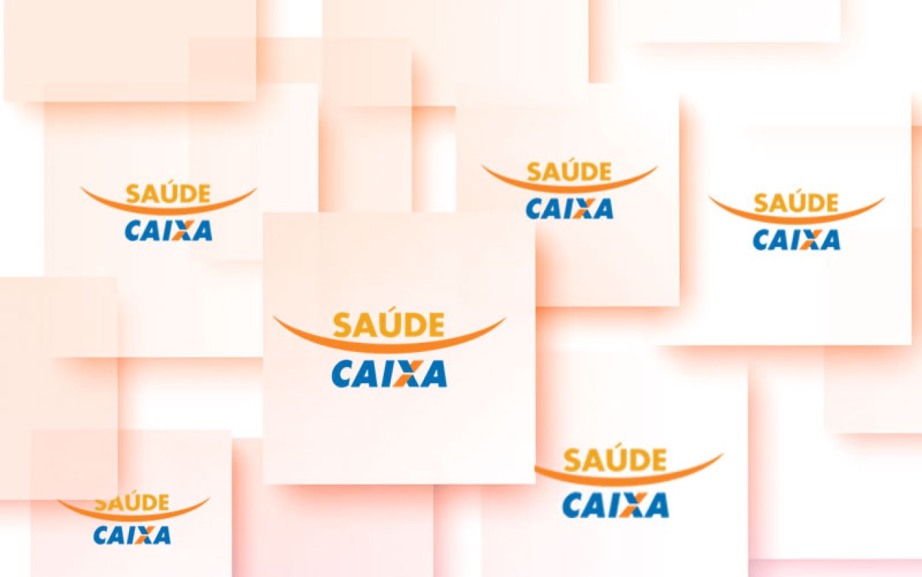 Arte composta de vários logos do saúde Caixa dentro de quadros na cor rosa