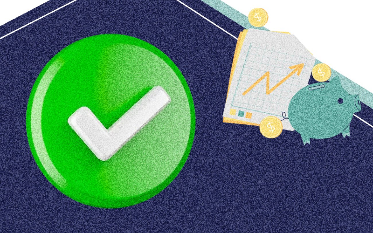 Imagem em desenho composta de um sinal de "check" dentro de um círculo verde e, ao lado, uma planilha, um cofre em formato de porquinho e duas moedas