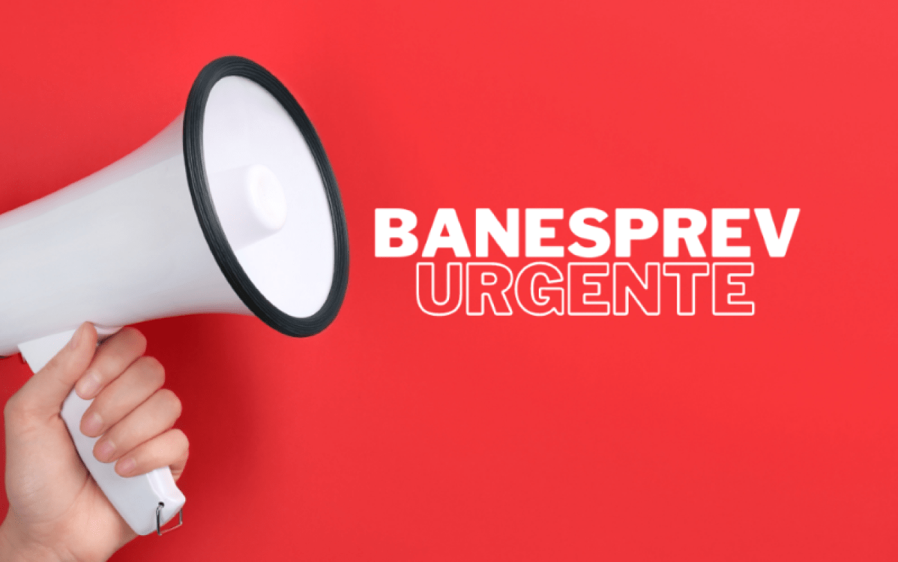 Reprodução/Afubesp Uma mão segurando um megafone, em fundo vermelho, com os dizeres "Banesprev. Urgente"